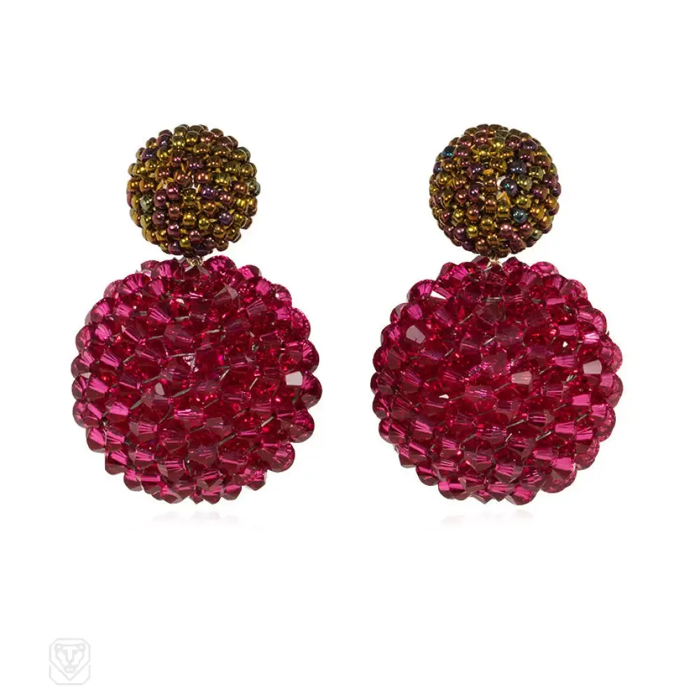 Orange luster and fuchsia hand beaded earrings