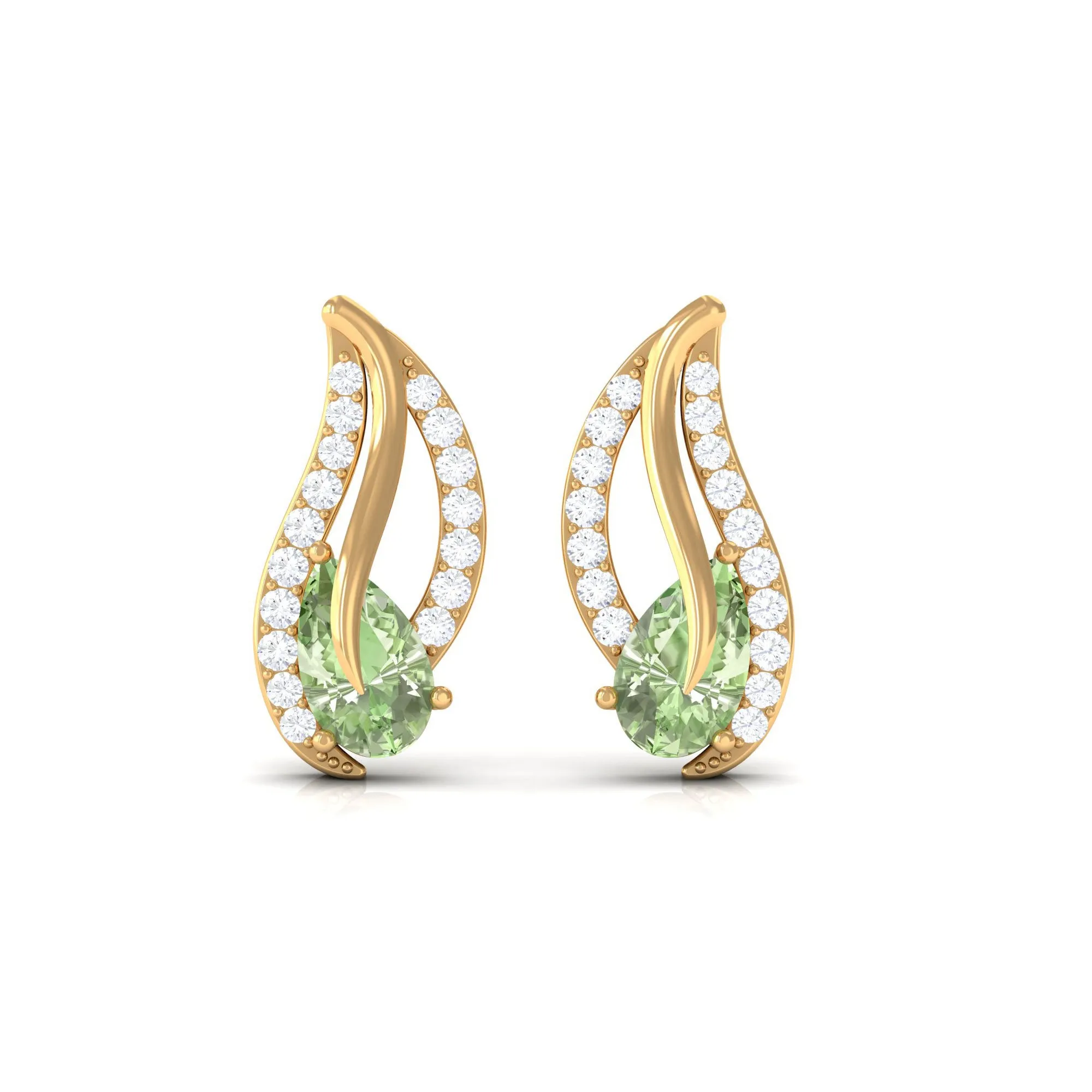 Pear Shape Green Sapphire and Diamond Leaf Stud Earrings