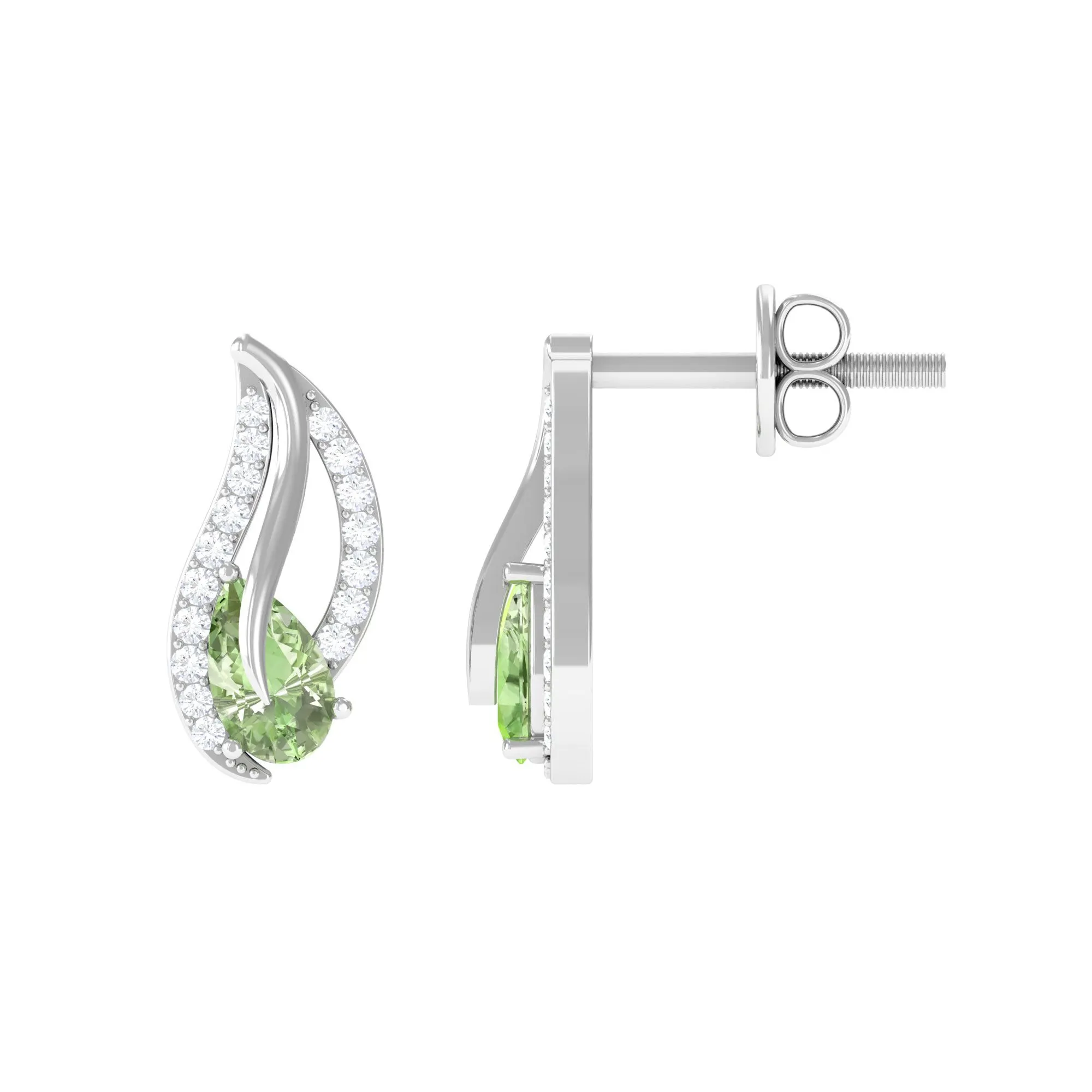 Pear Shape Green Sapphire and Diamond Leaf Stud Earrings