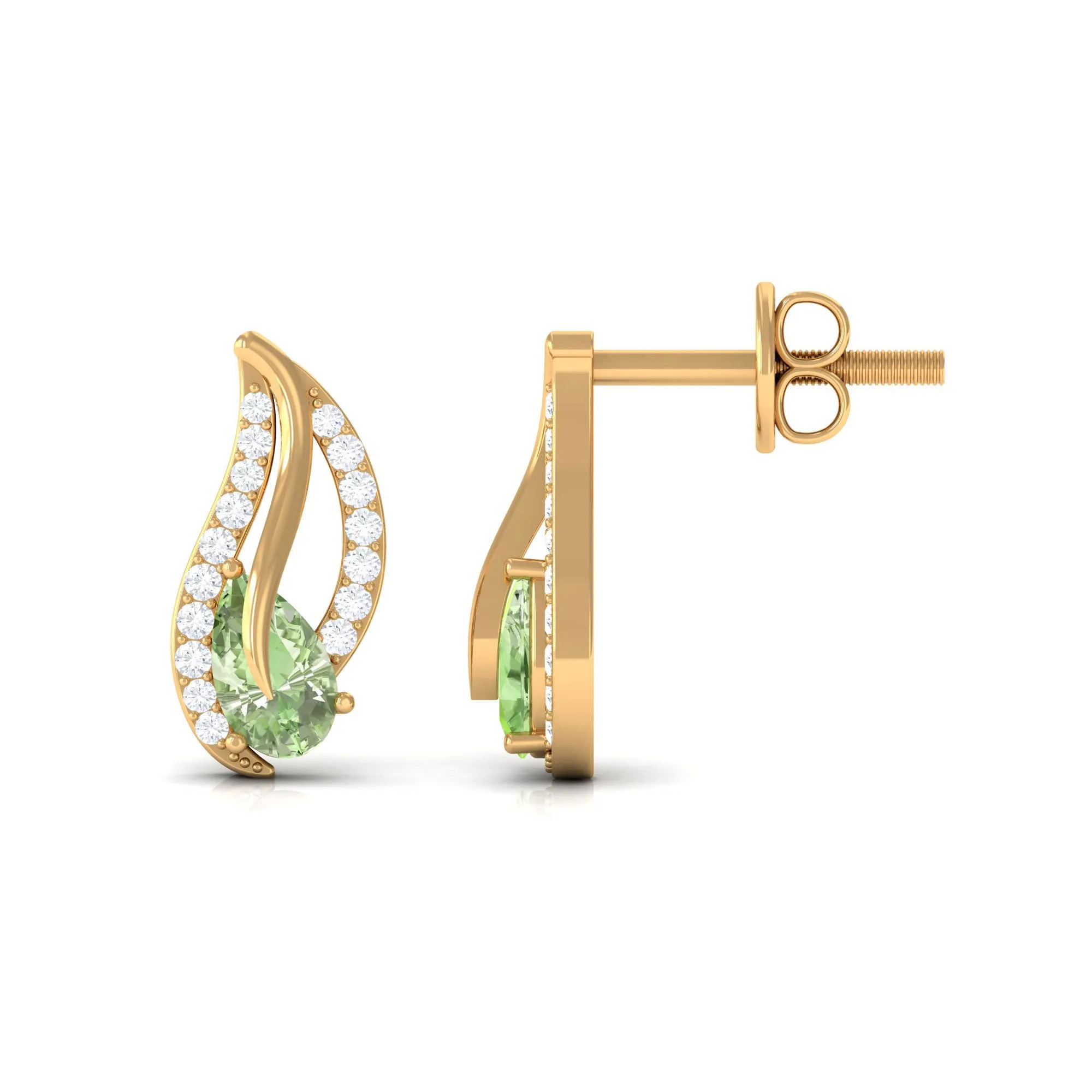 Pear Shape Green Sapphire and Diamond Leaf Stud Earrings