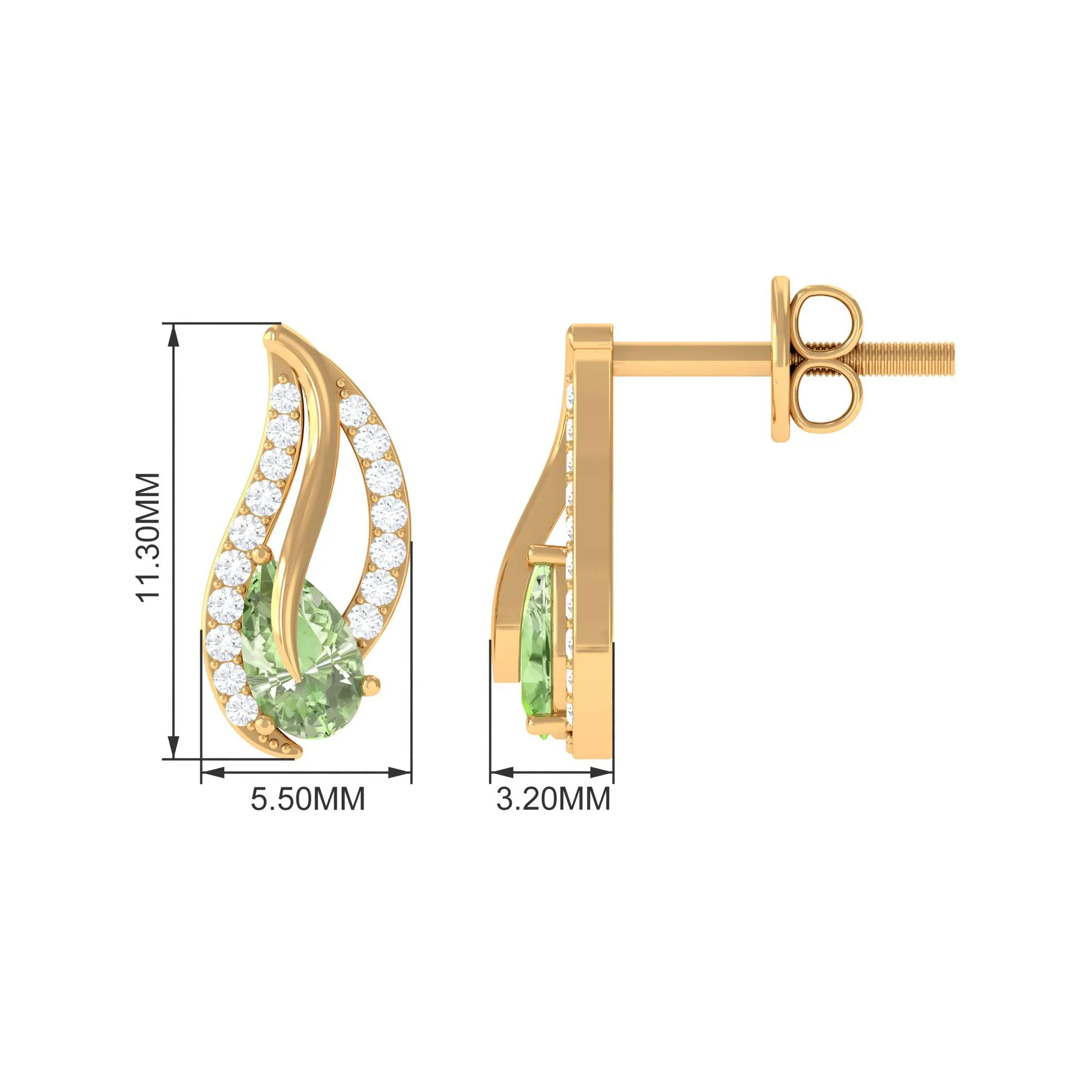 Pear Shape Green Sapphire and Diamond Leaf Stud Earrings