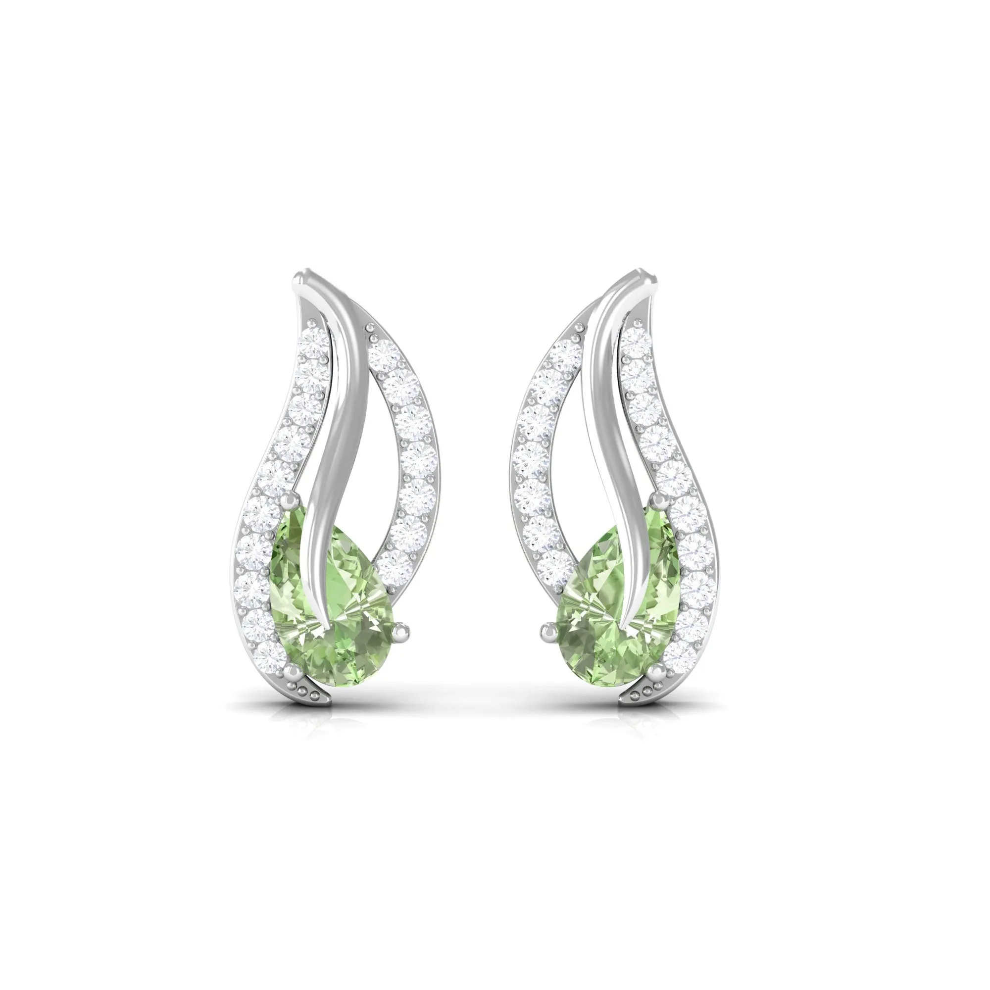 Pear Shape Green Sapphire and Diamond Leaf Stud Earrings