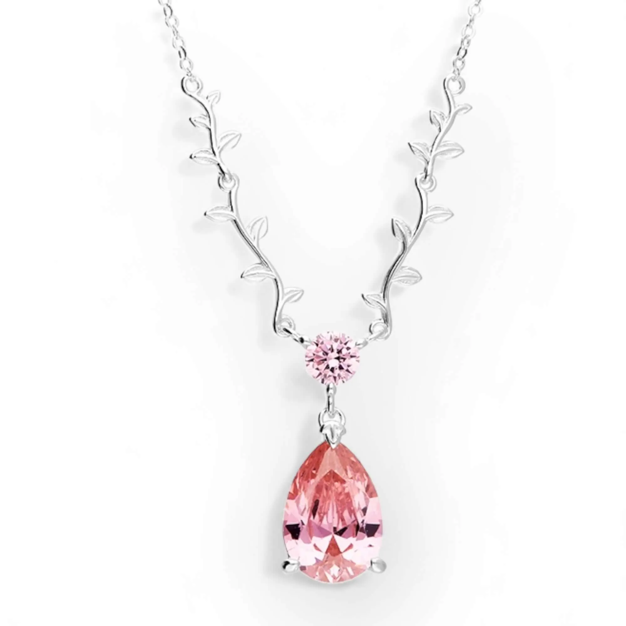 Pink Teardrop Vine leaf Necklace in Sterling Silver