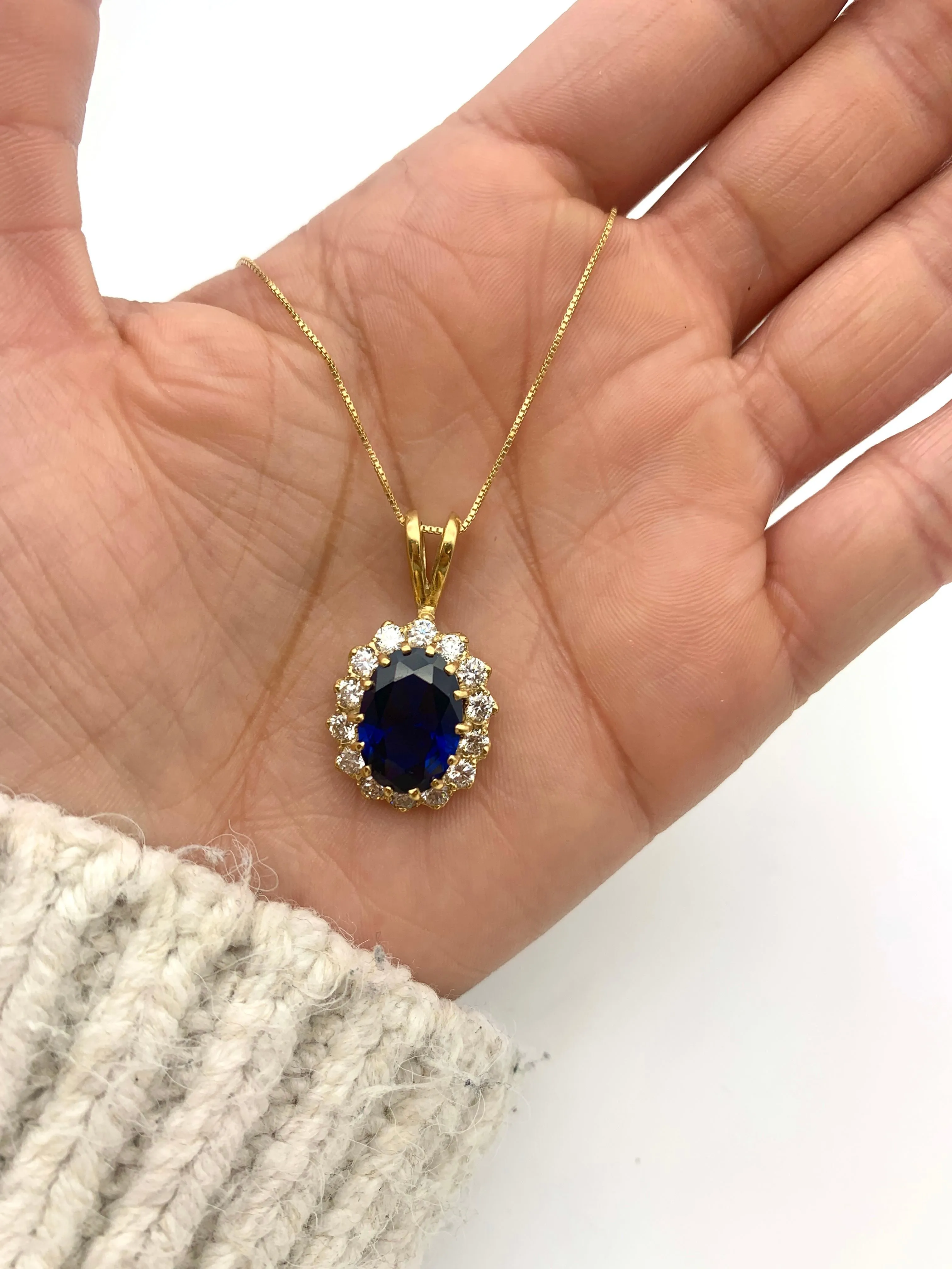 Princess Diana Necklace - Blue Vintage Pendant - Gold Sapphire Pendant