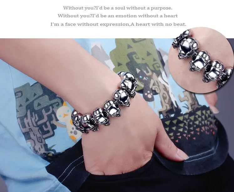 Punk Rock Charm Bracelet Stainless Steel Skull Skeleton Men's Bracelets & Bangles Cool Male Jewelry Wristband