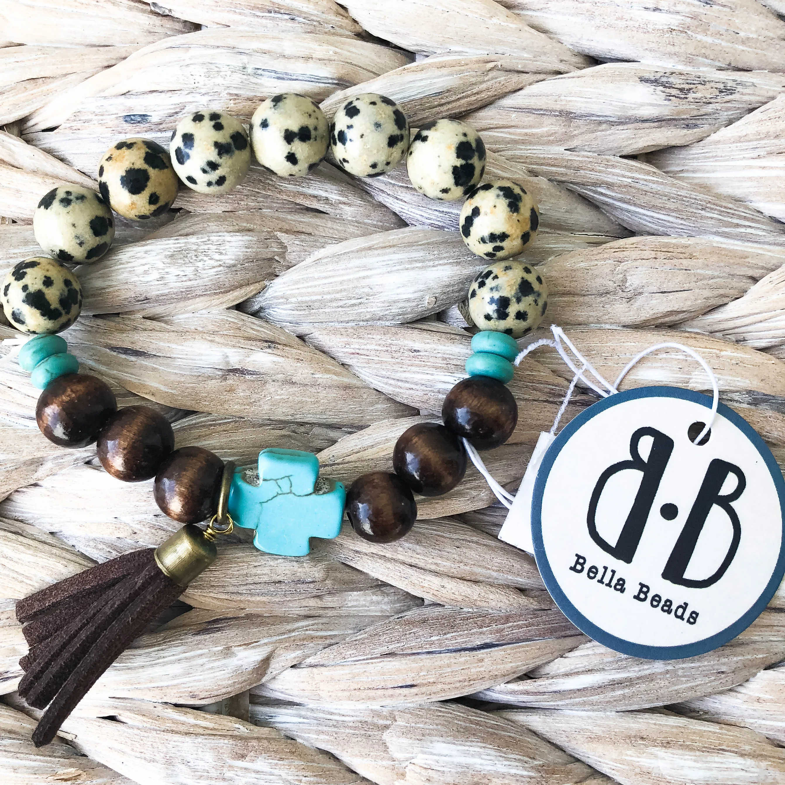 "Blair" Wooden, Spotted, and Turquoise Cross Bracelet 