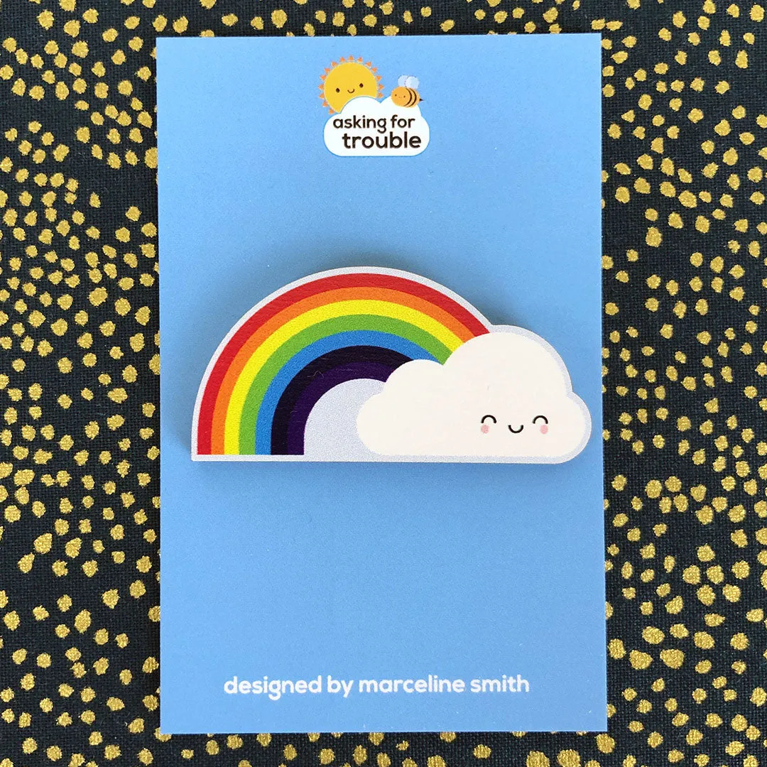 Rainbow & Cloud Kawaii Wooden Brooch