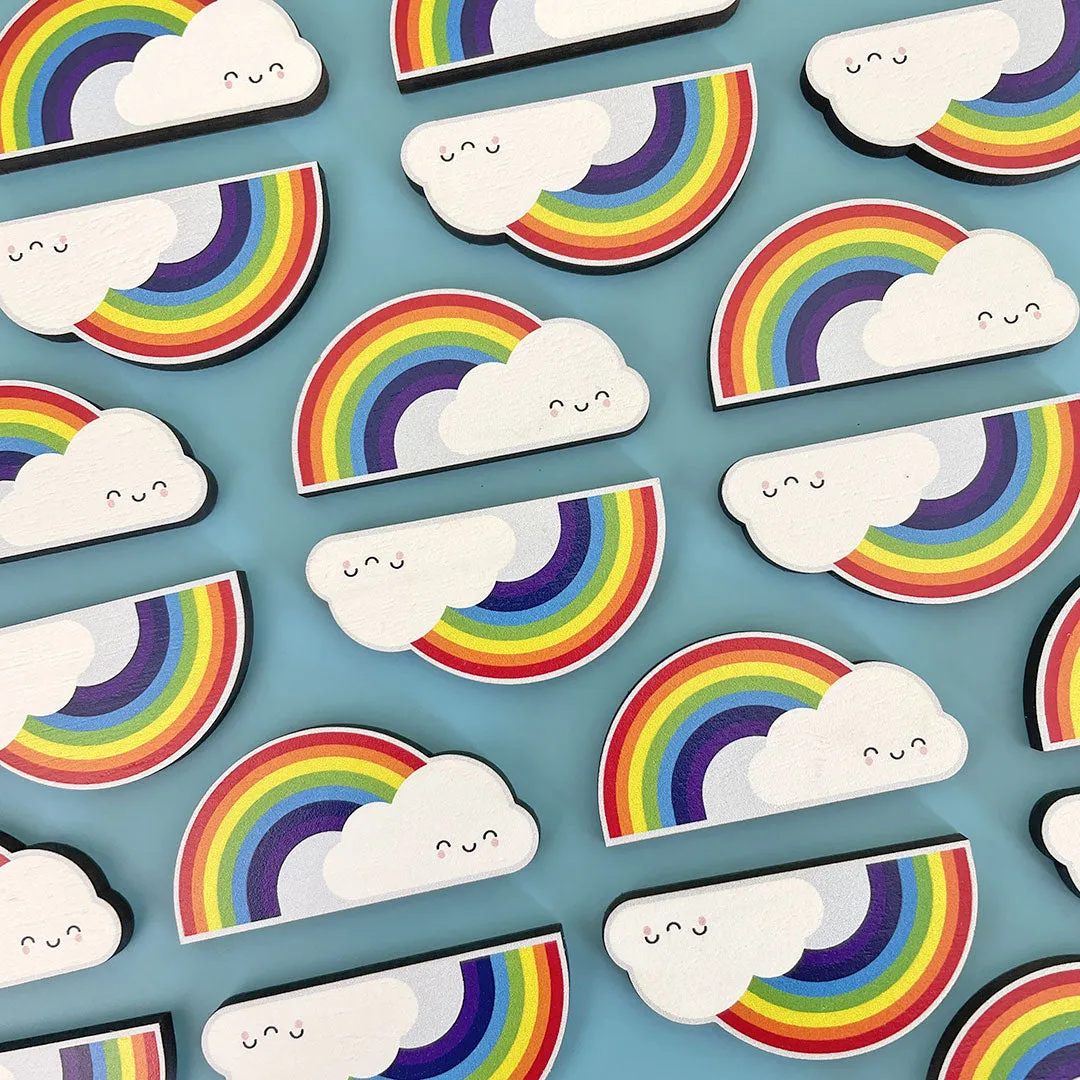 Rainbow & Cloud Kawaii Wooden Brooch