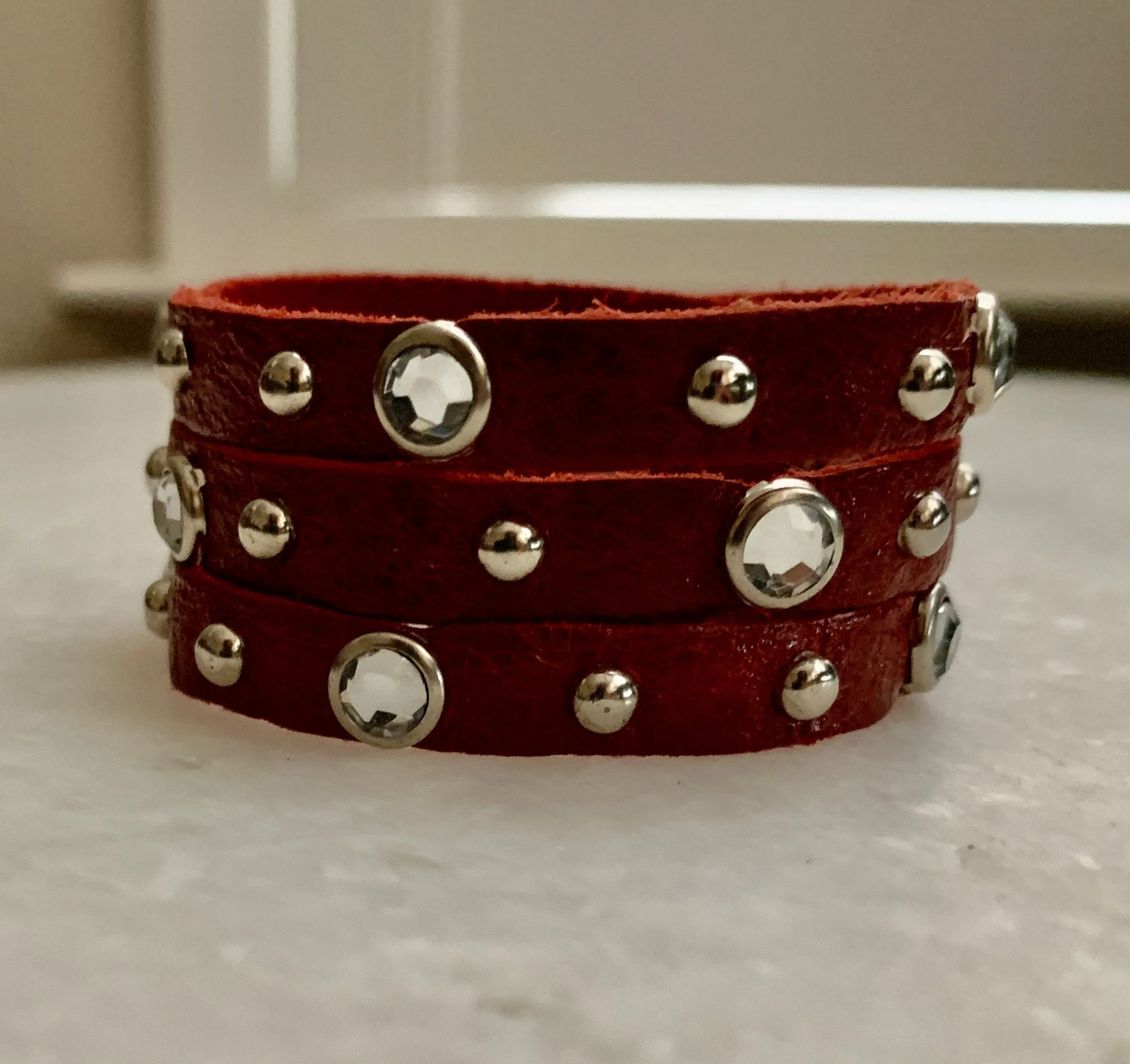 Red Cz Studded Leather Bracelet