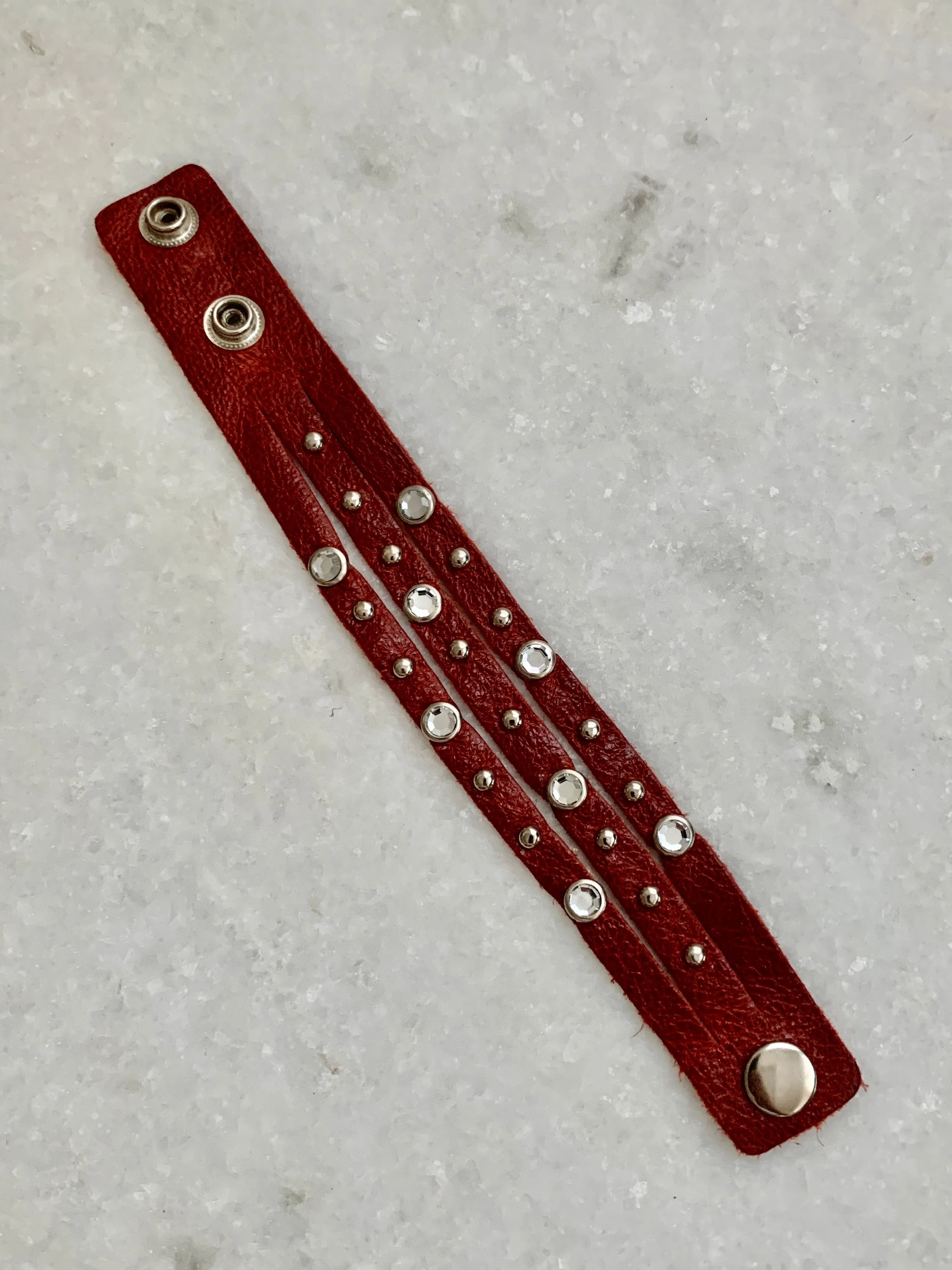 Red Cz Studded Leather Bracelet