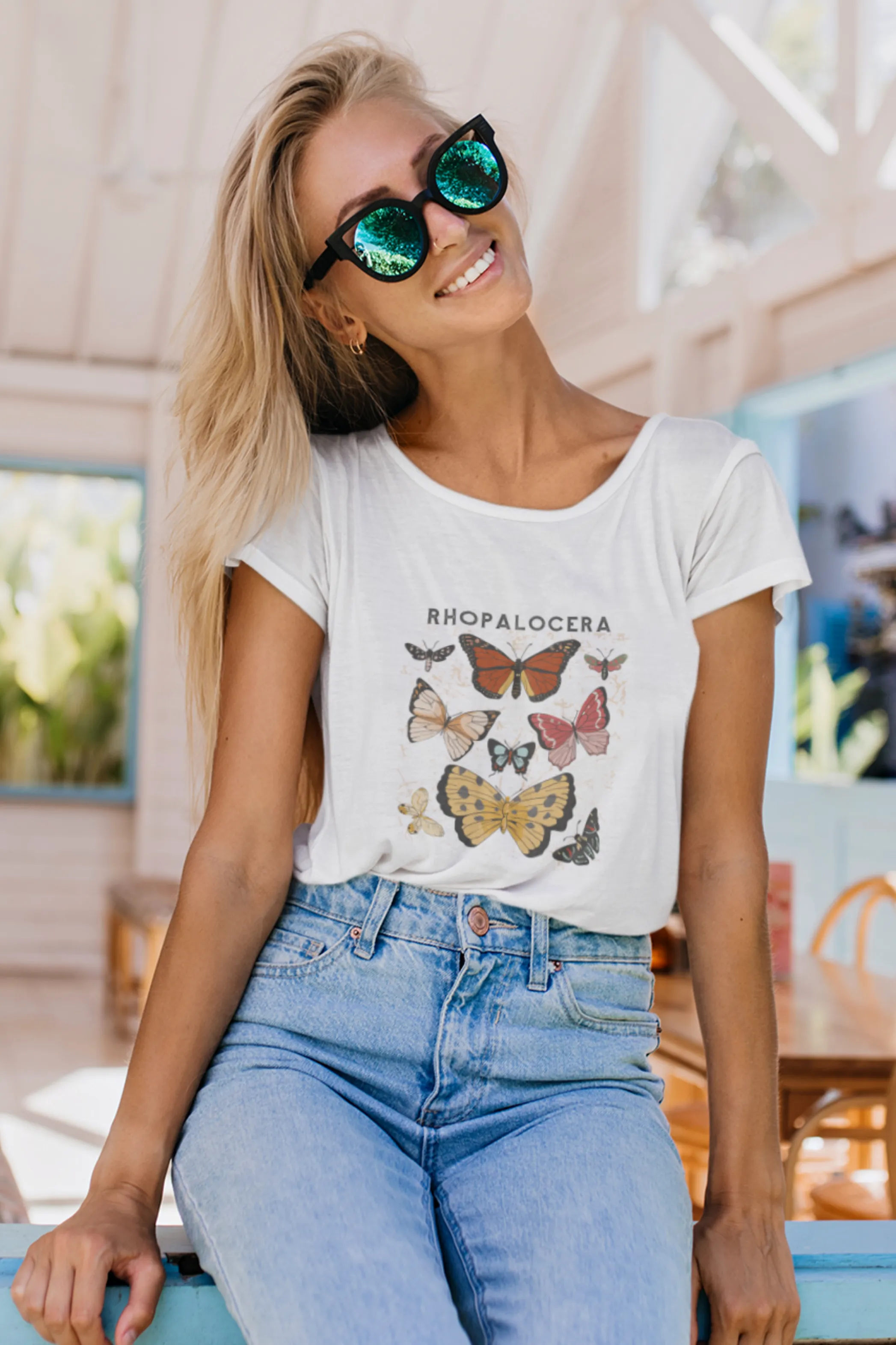 Rhopalocera Printed Scoop Neck T-shirt for women