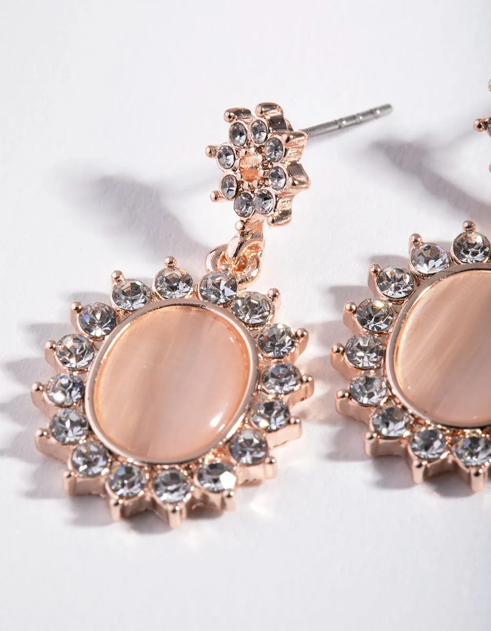 Rose Gold Oval Cateye Diamante Drop Earrings