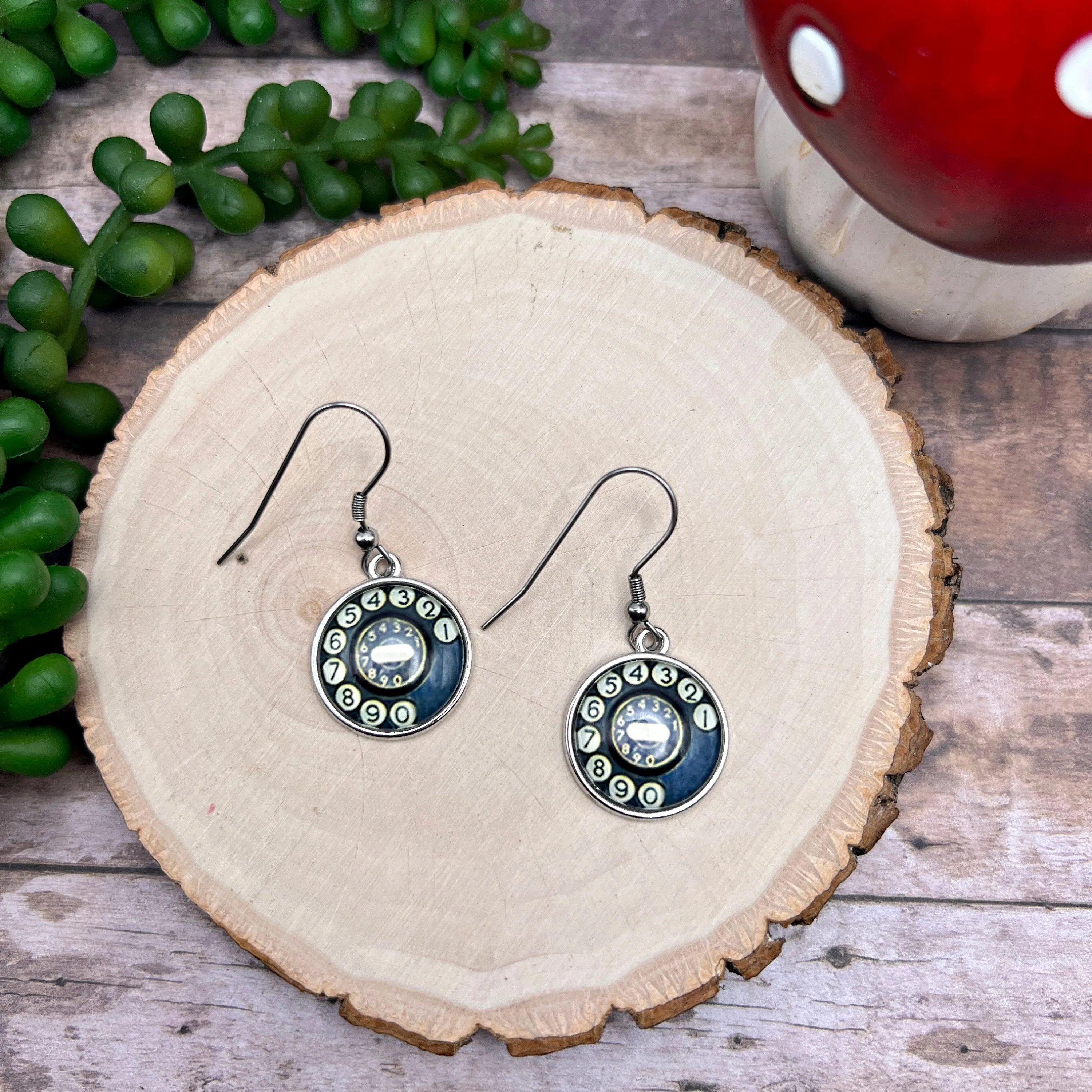 Rotary Phone Retro Earrings Vintage Old Timey, Cabochon Stainless Steel , Hypoallergenic Gift