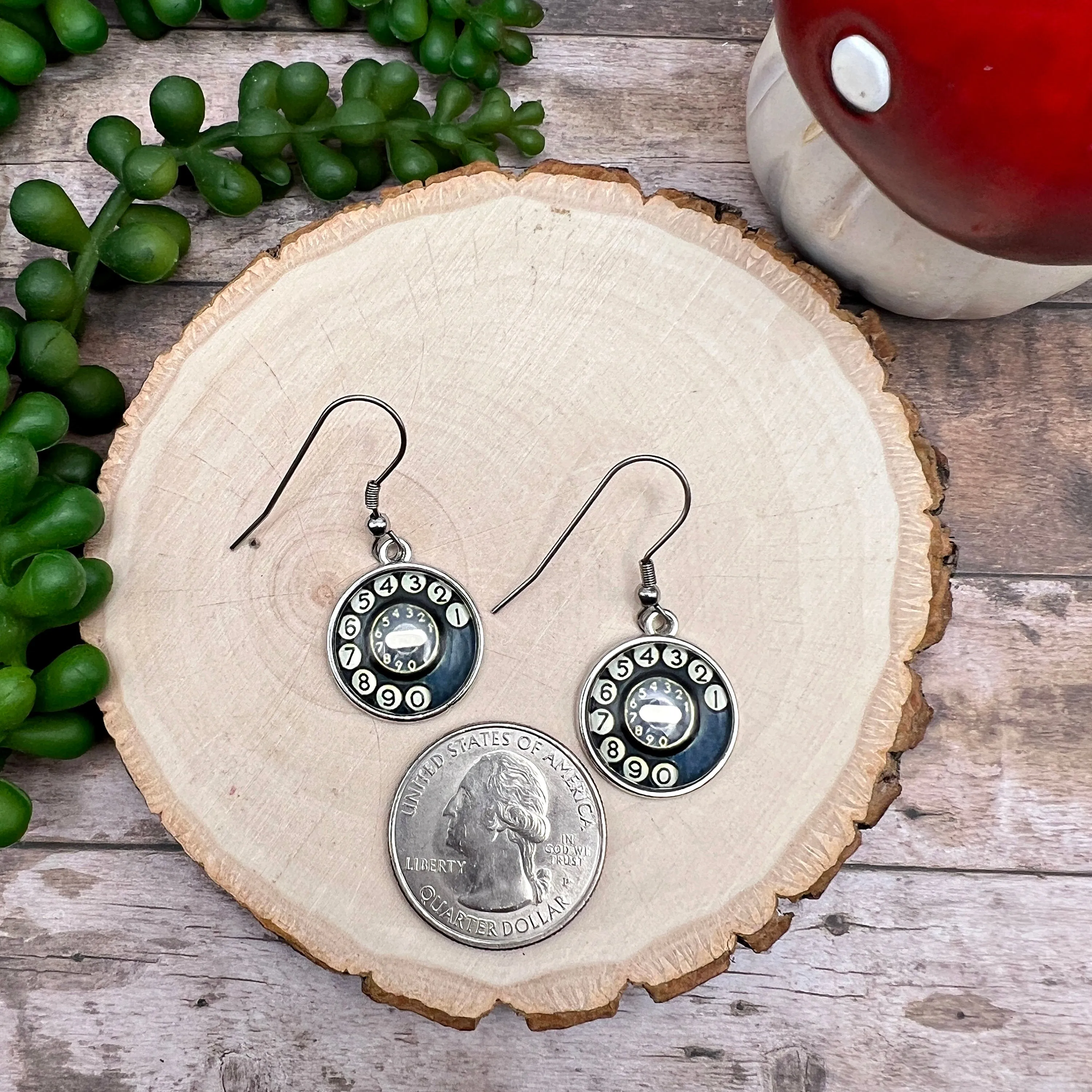 Rotary Phone Retro Earrings Vintage Old Timey, Cabochon Stainless Steel , Hypoallergenic Gift