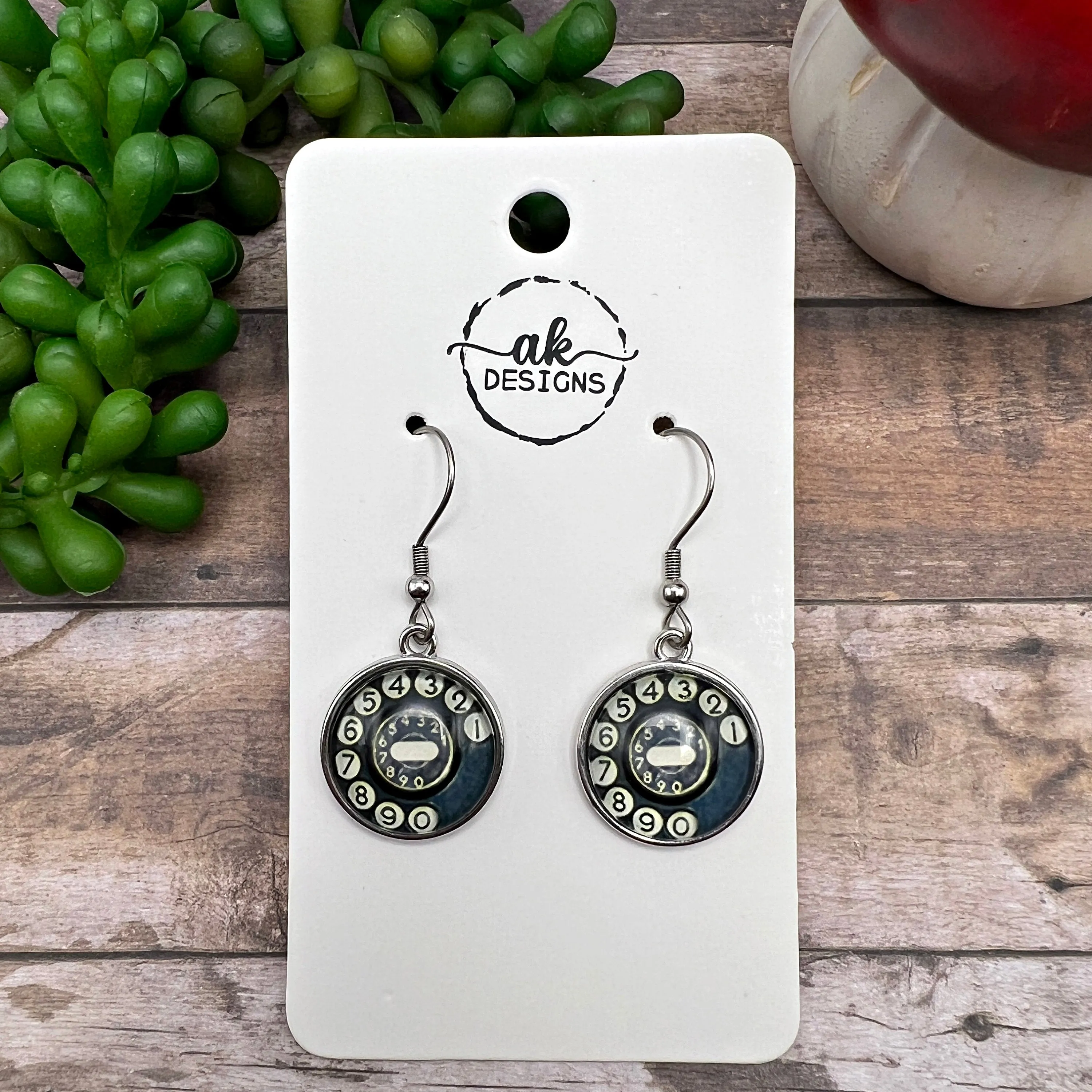 Rotary Phone Retro Earrings Vintage Old Timey, Cabochon Stainless Steel , Hypoallergenic Gift