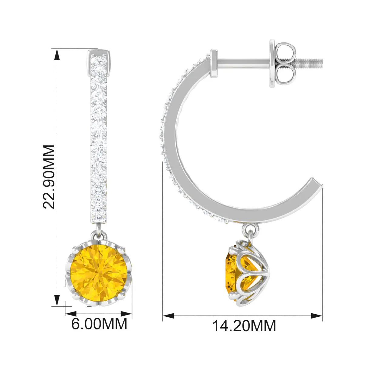 Round Yellow Sapphire Hoop Drop Earrings with Diamond