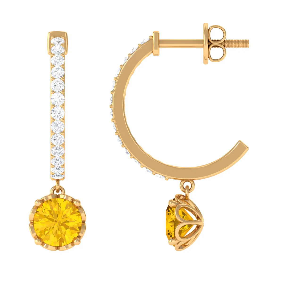 Round Yellow Sapphire Hoop Drop Earrings with Diamond