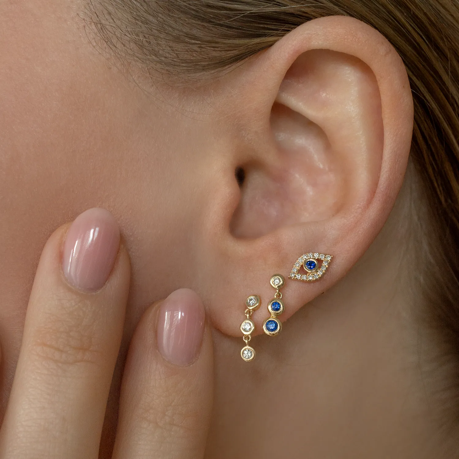 SAPPHIRE AND DIAMOND BEZEL TRIO DROP EARRINGS