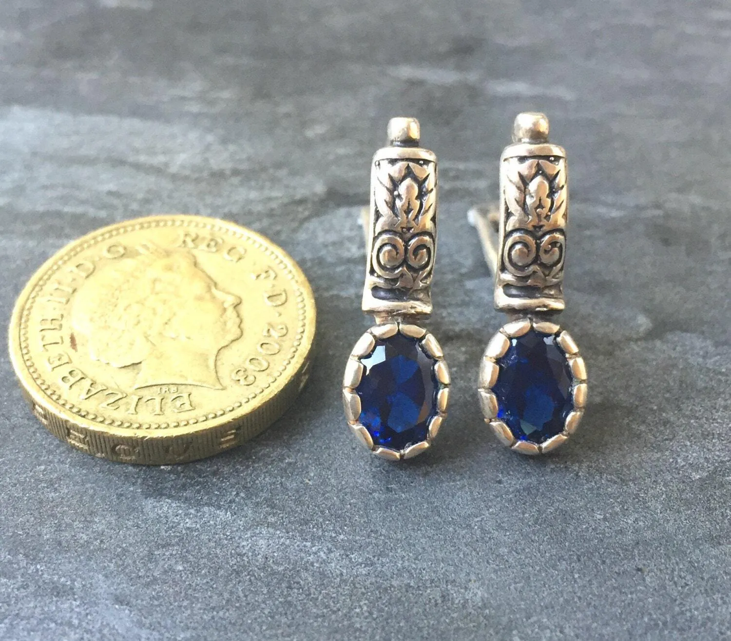 Sapphire Boho Earrings - Blue Drop Earrings - Oval Sapphire Earrings