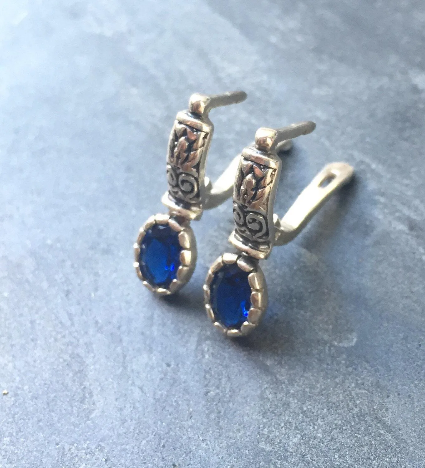 Sapphire Boho Earrings - Blue Drop Earrings - Oval Sapphire Earrings