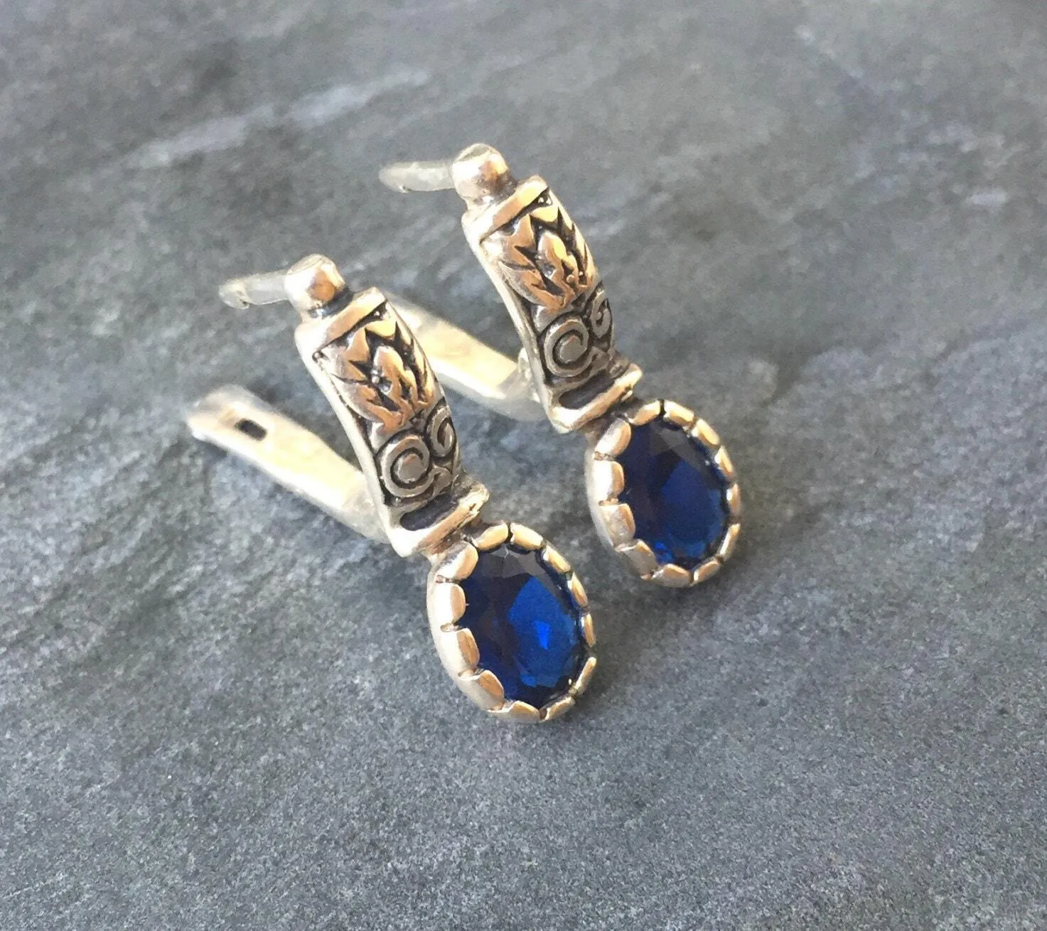 Sapphire Boho Earrings - Blue Drop Earrings - Oval Sapphire Earrings