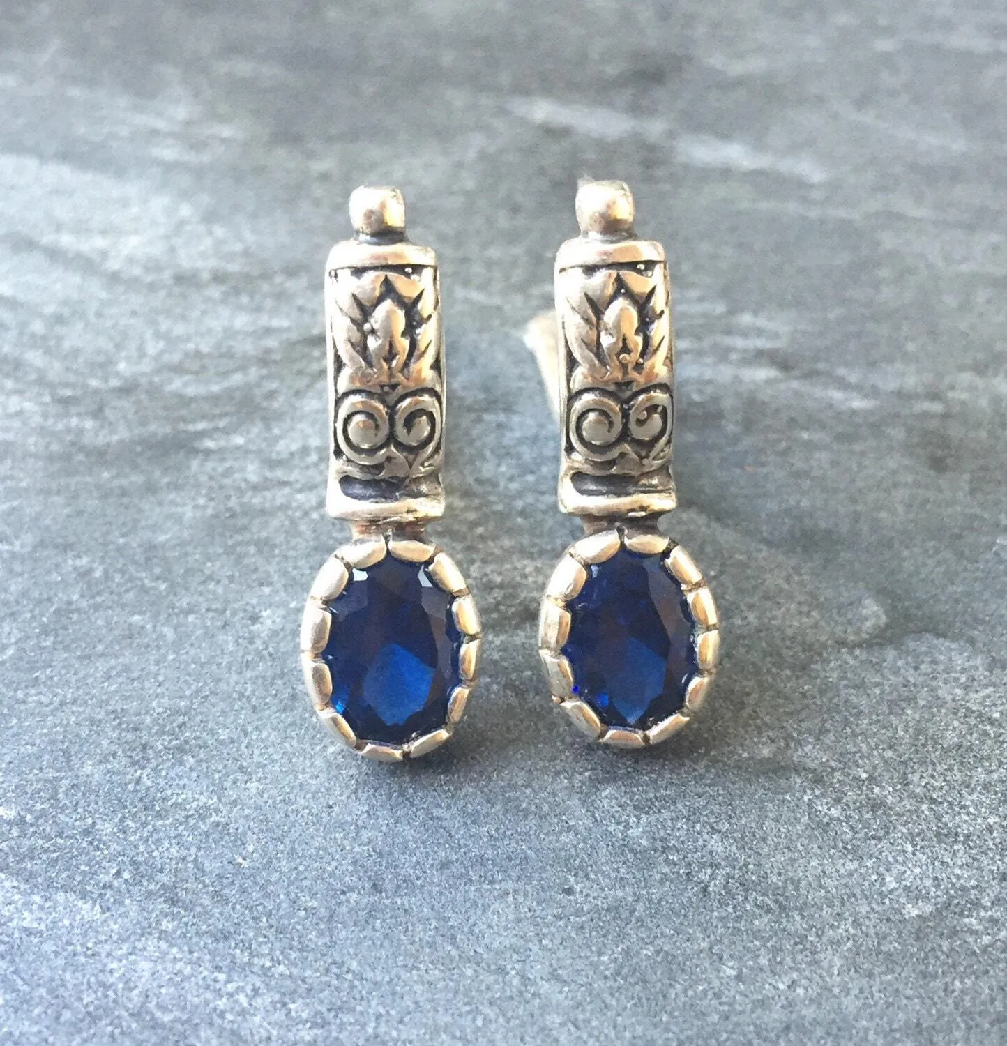 Sapphire Boho Earrings - Blue Drop Earrings - Oval Sapphire Earrings