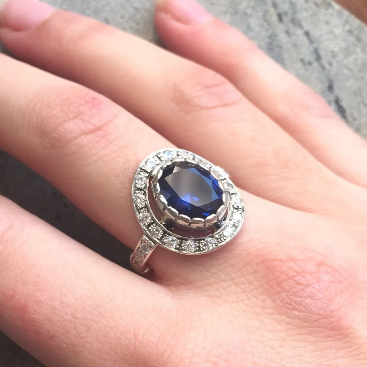 Sapphire Victorian Ring - Vintage Sapphire Ring - Blue Halo Ring