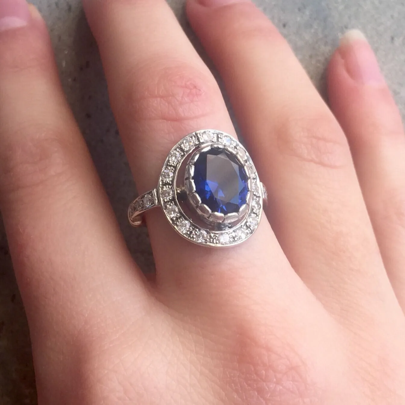 Sapphire Victorian Ring - Vintage Sapphire Ring - Blue Halo Ring