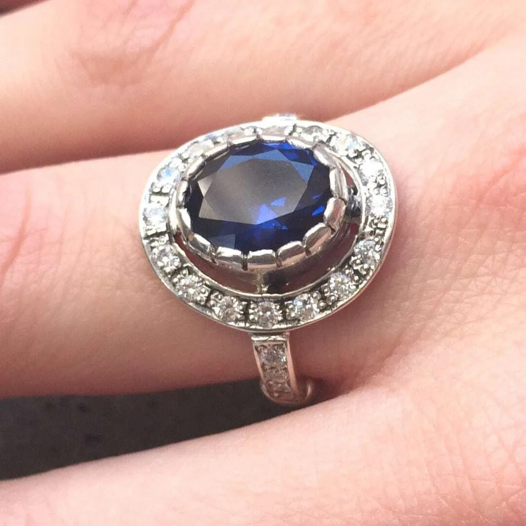 Sapphire Victorian Ring - Vintage Sapphire Ring - Blue Halo Ring