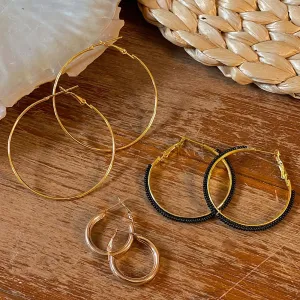 Set Of 3 Gold-Toned & Black Beaded Hoop Earrings