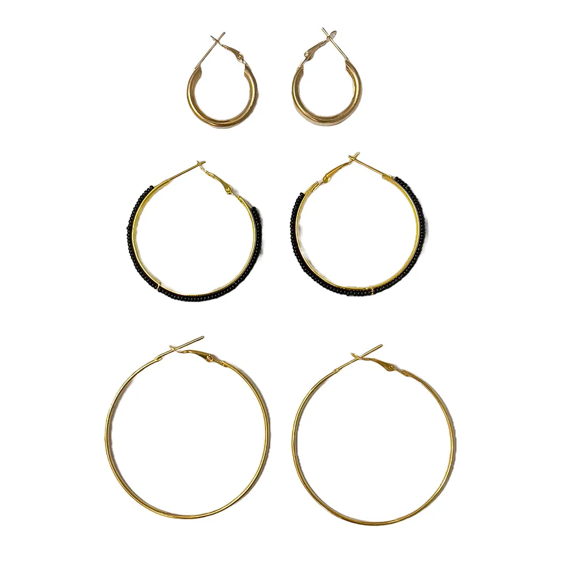 Set Of 3 Gold-Toned & Black Beaded Hoop Earrings