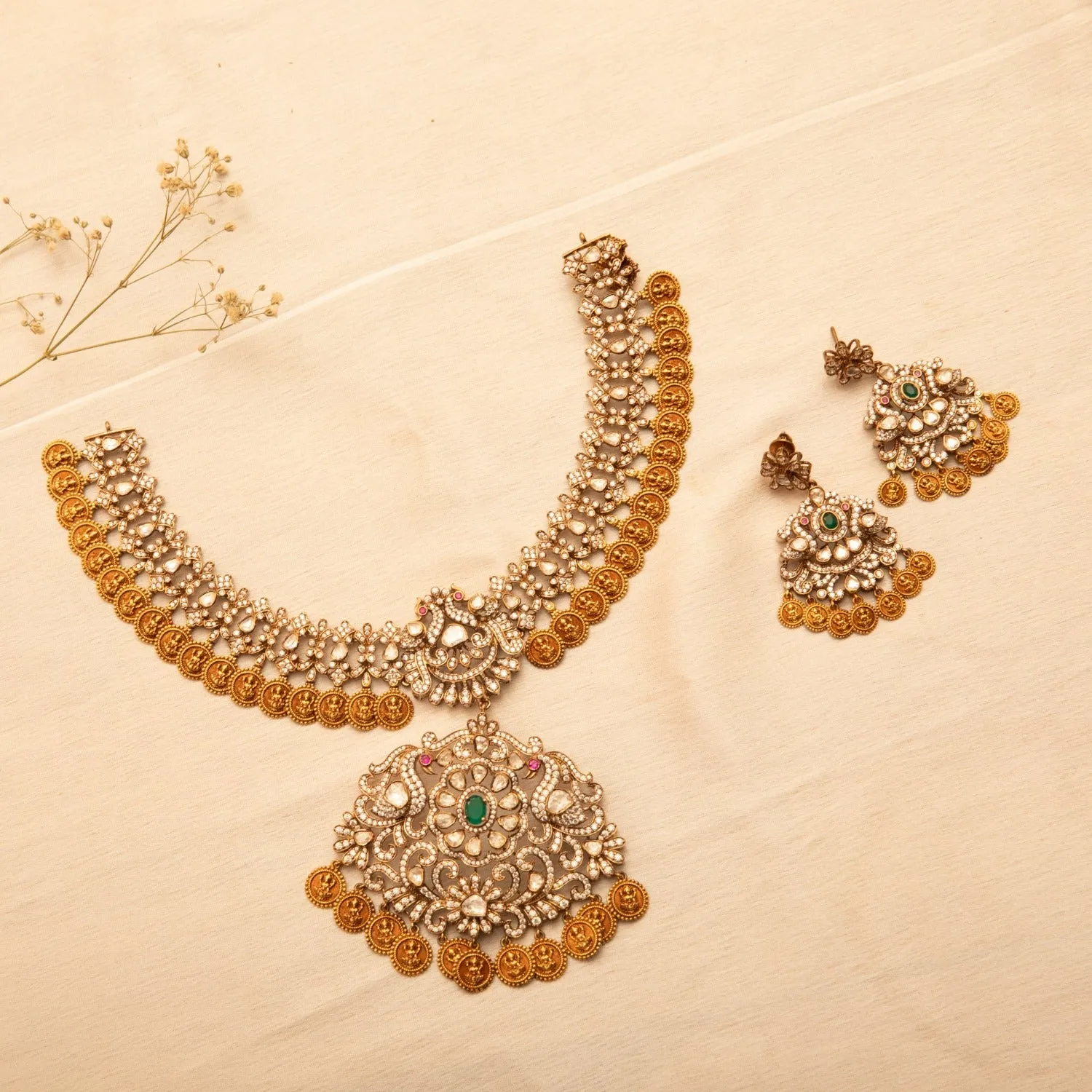 Shreeya Coin CZ Silver Necklace Set