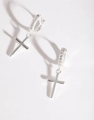 Silver Cross Huggie Earrings