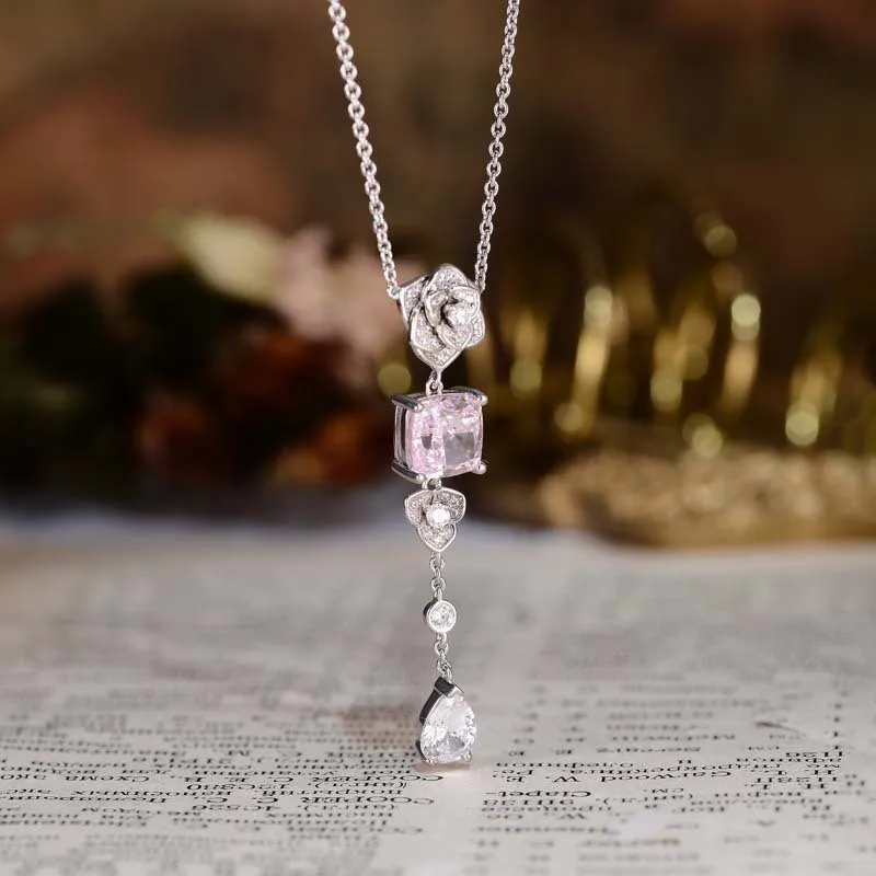 Square Pink Zircon Camellia Tassel Necklace