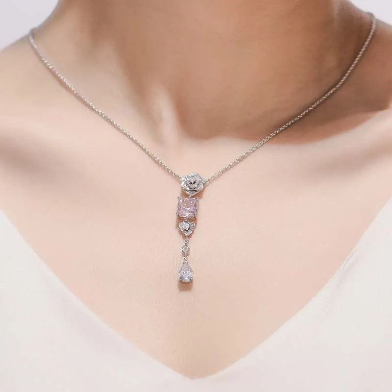 Square Pink Zircon Camellia Tassel Necklace