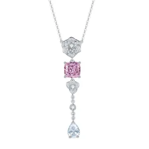 Square Pink Zircon Camellia Tassel Necklace