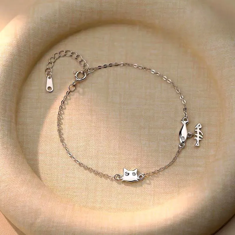 Sterling Silver Cute Cat Fish Bracelet