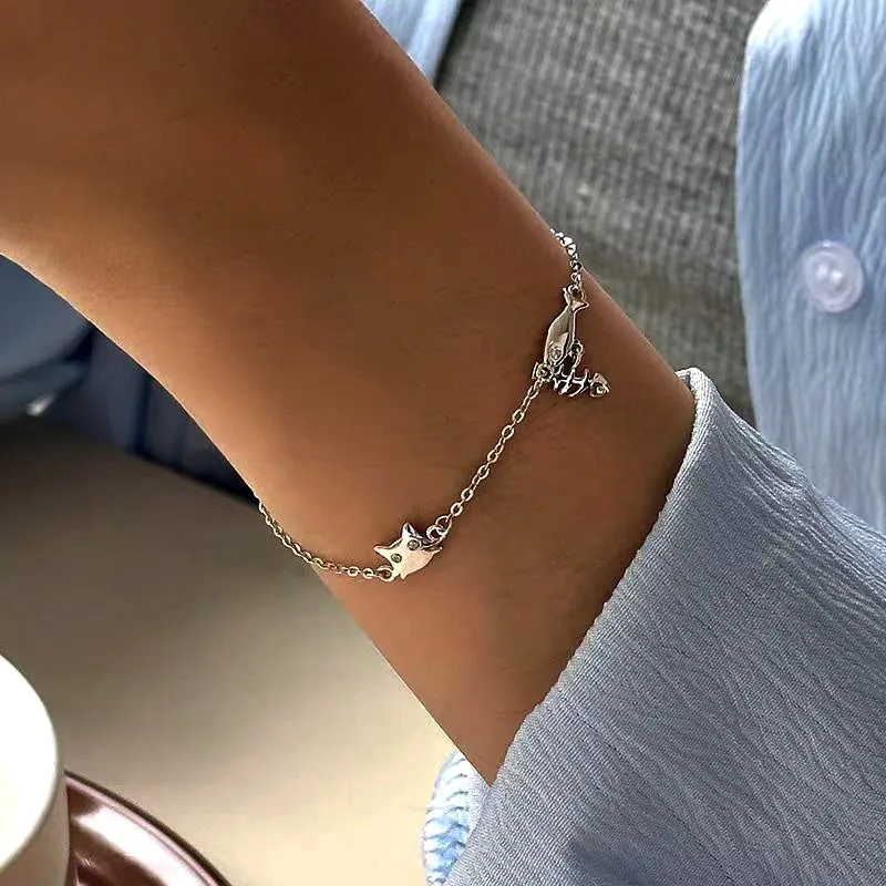 Sterling Silver Cute Cat Fish Bracelet