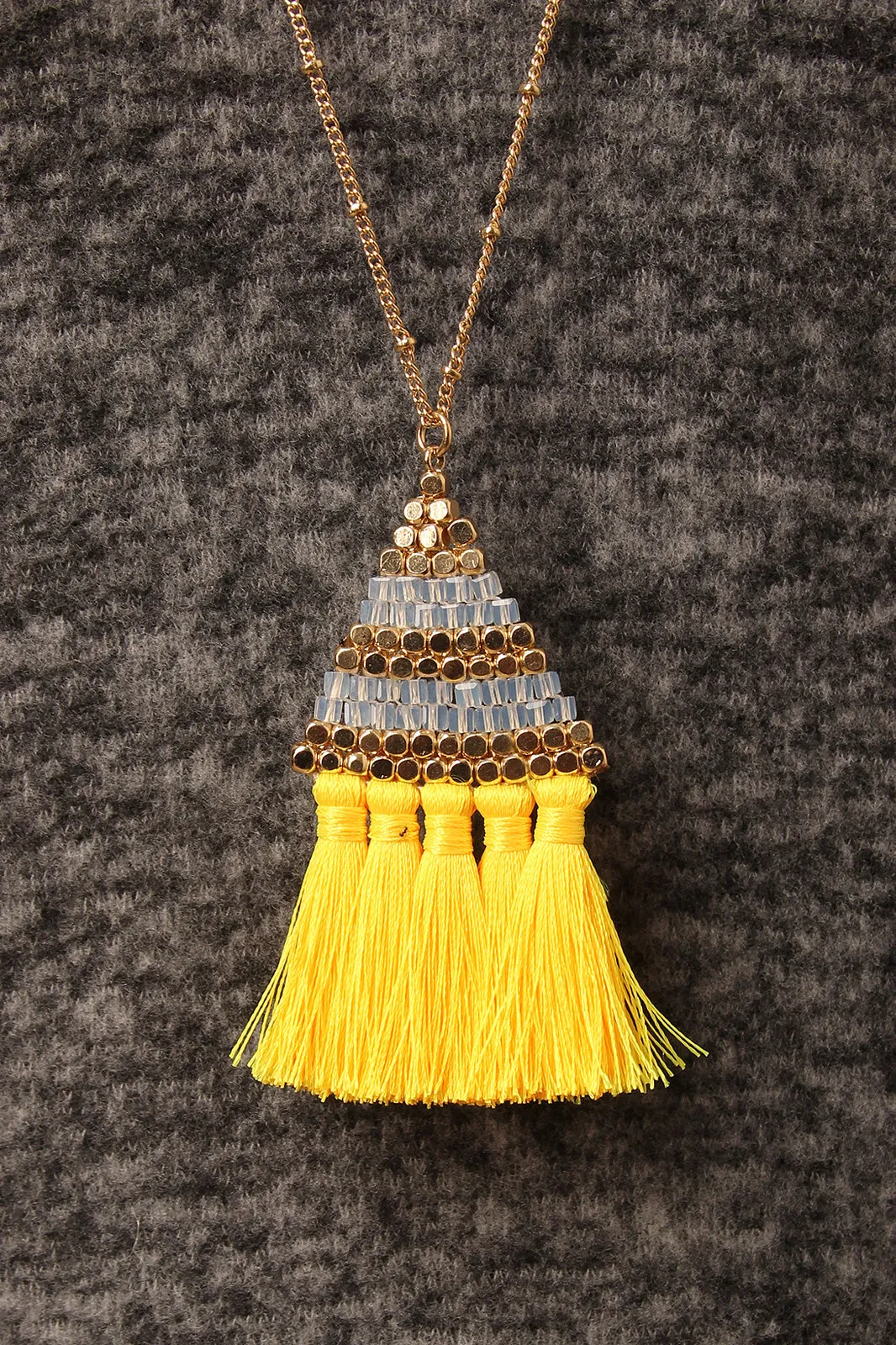 Tassel Fringe Beaded Triangle Long Chain Necklace