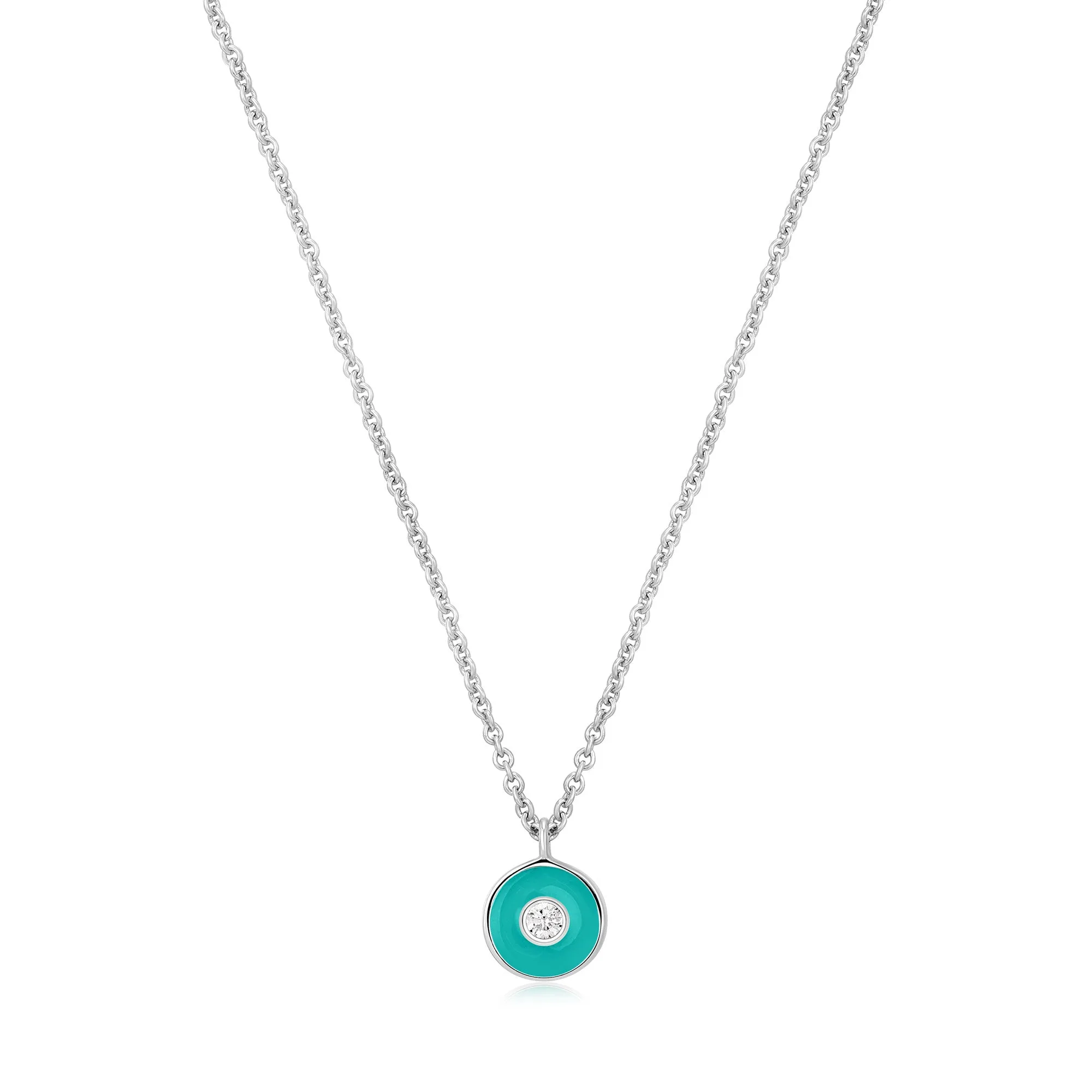 Teal Enamel Disc Silver Necklace