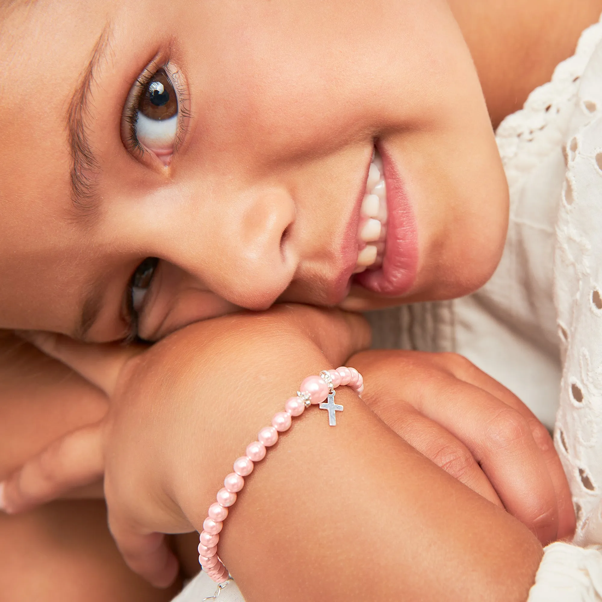 Teen Girl Pink Pearl Bracelet Baptism & Christening Sterling Silver Cross Charm