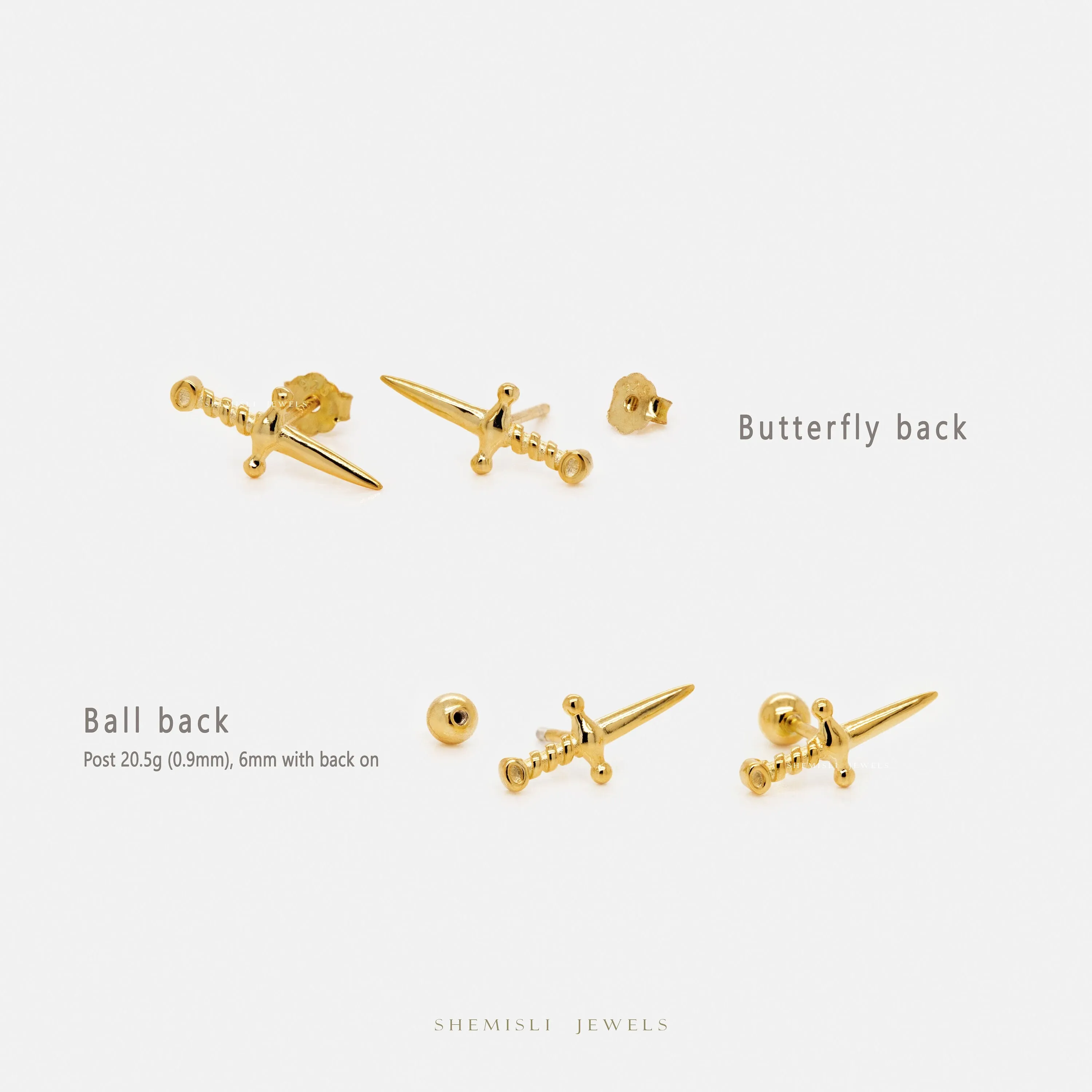 Tiny Dagger Stud Earrings, Unisex, Gold, Silver SHEMISLI - SS207 Butterfly End, SS354 Screw Ball End (Type A)