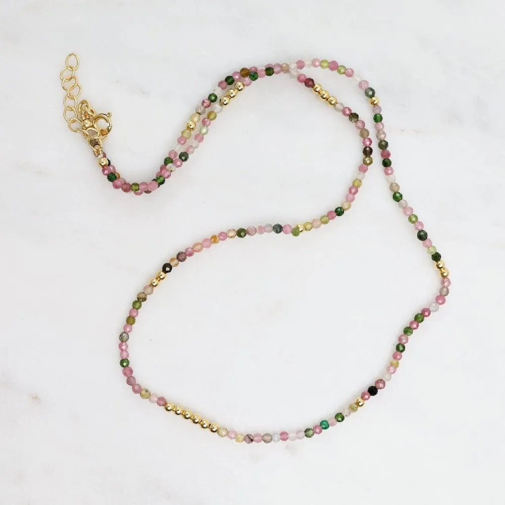 Tiny Multi Tourmaline & Gold Nugget Beaded Necklace