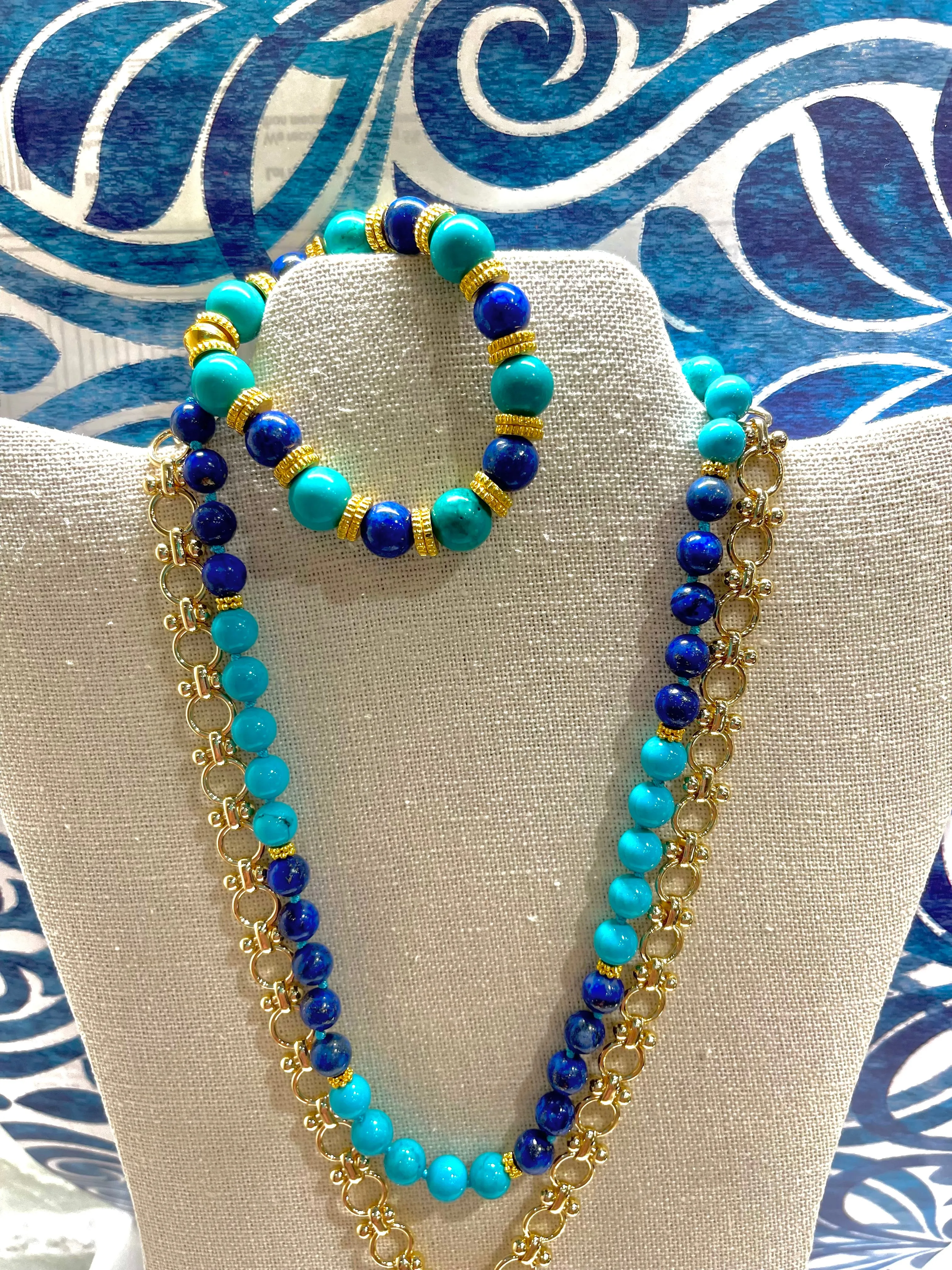 Turquoise & Lapis Lazuli Gemstone Layered Necklace and Bracelet Set