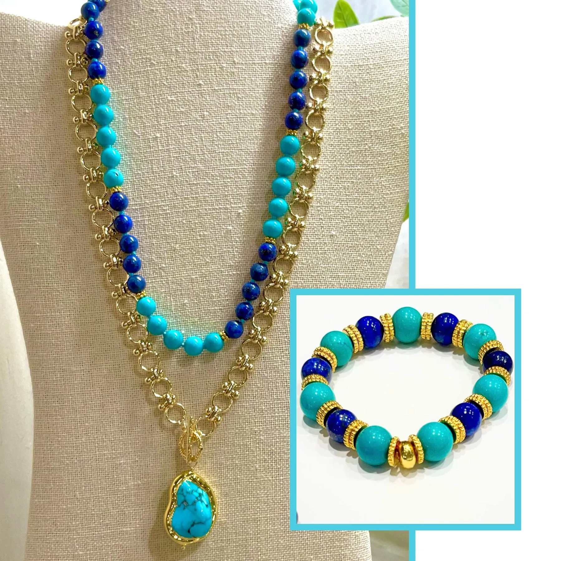 Turquoise & Lapis Lazuli Gemstone Layered Necklace and Bracelet Set