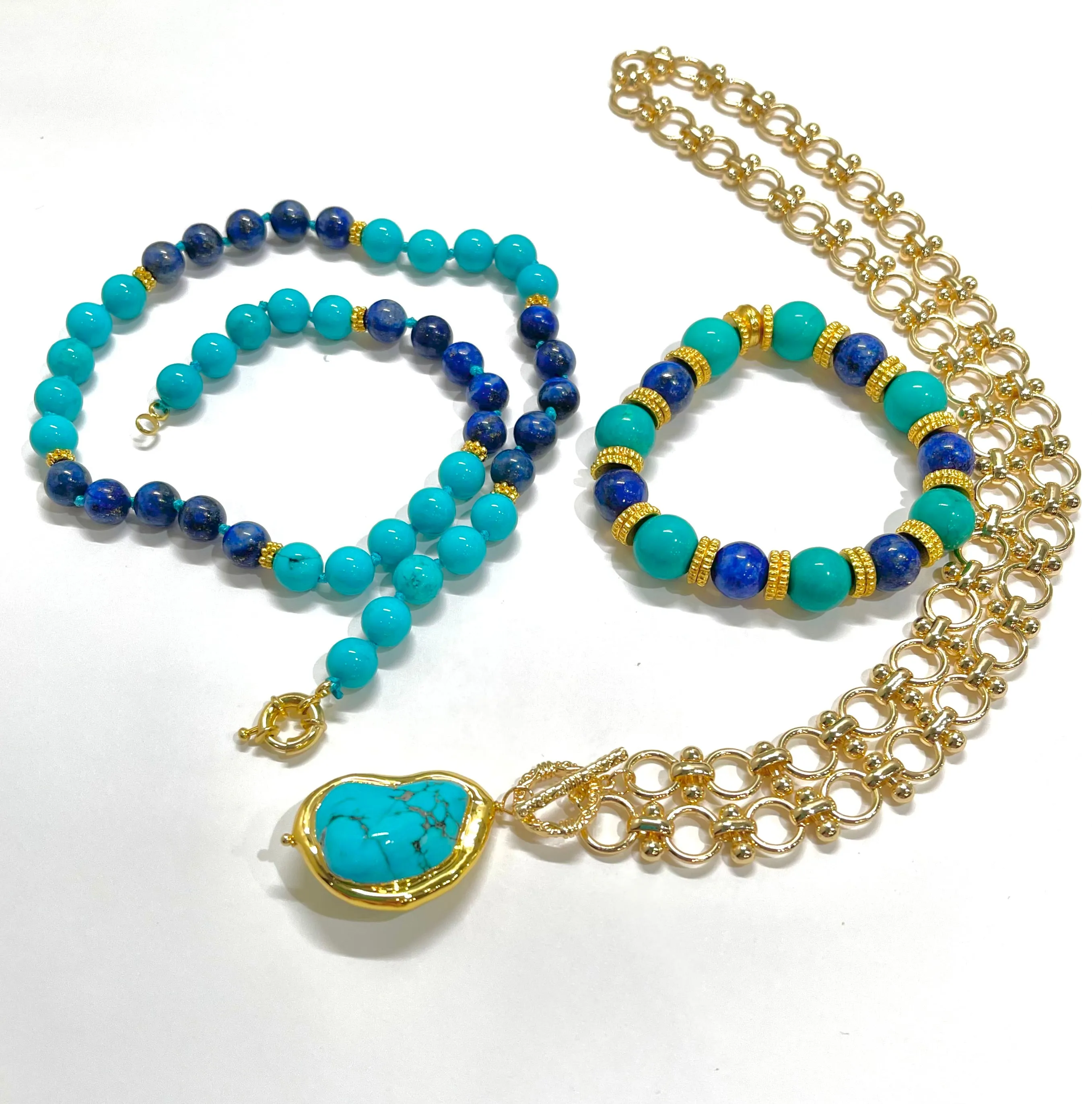 Turquoise & Lapis Lazuli Gemstone Layered Necklace and Bracelet Set