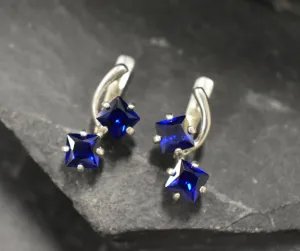 Twin Sapphire Earrings - Blue Square Earrings, Long Silver Earrings