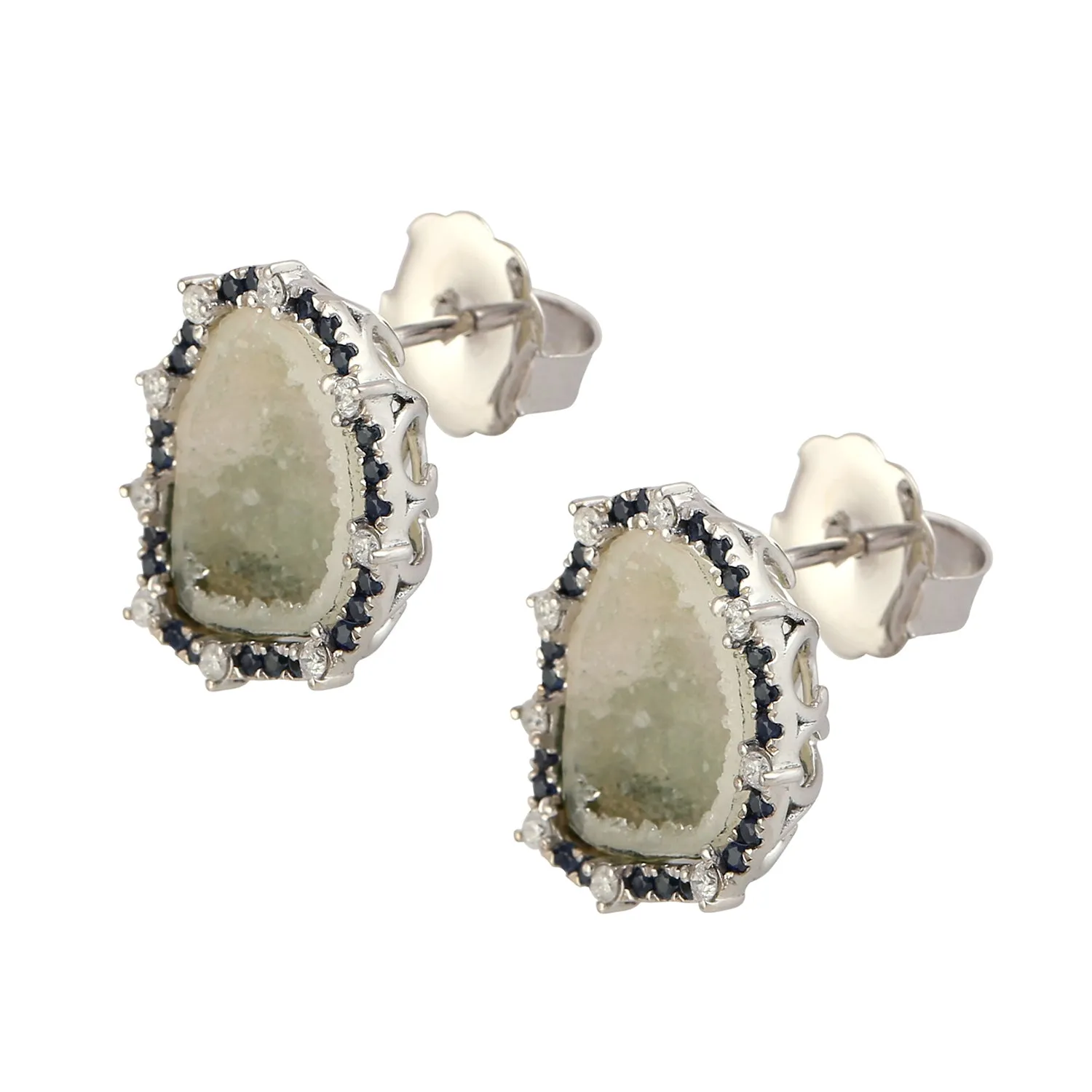 Unshaped Geode Pave Sapphire Diamond Stud Earrings In 18K White Gold Jewelry For Her