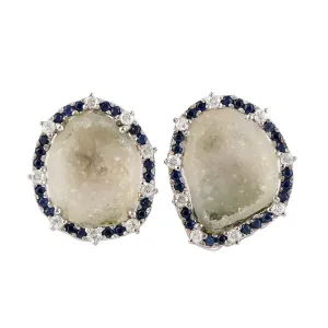 Unshaped Geode Pave Sapphire Diamond Stud Earrings In 18K White Gold Jewelry For Her