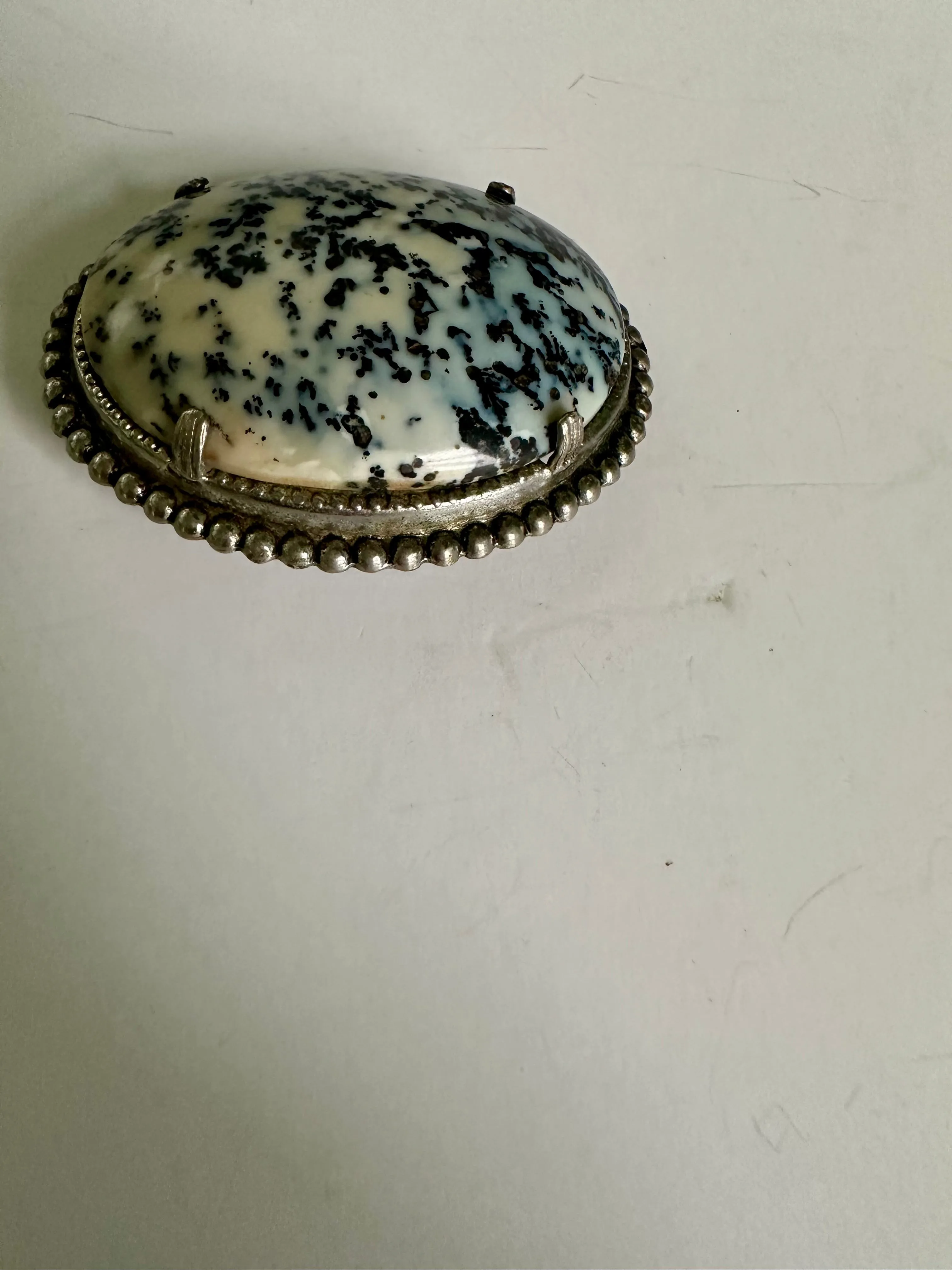 Vintage Brooch Pin Dendrite Blue Grey Agate Stone Sterling Silver